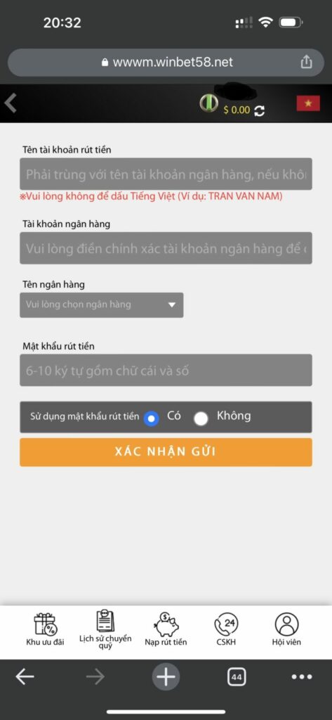 Điền thông tin cá nhân để thực hiện trước khi nạp rút